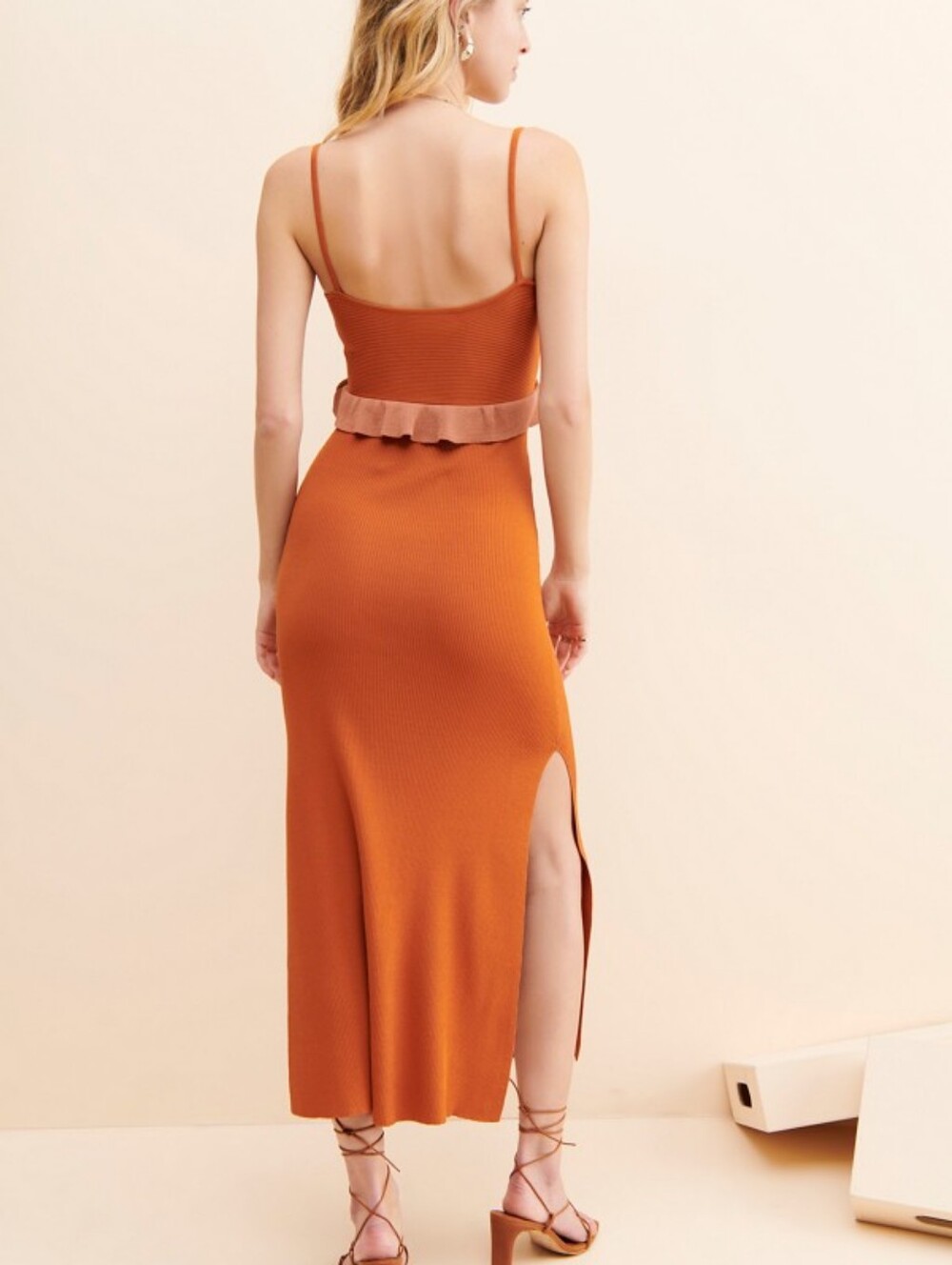 Mon Renn Burnt Orange Sleeveless Calypso Knit‎ Midi Dress View 2
